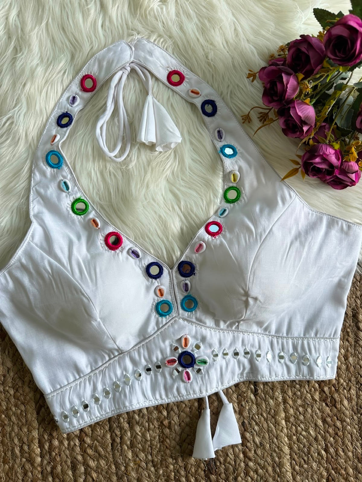 Halter Neck Mirror & Cowrie Work Blouse