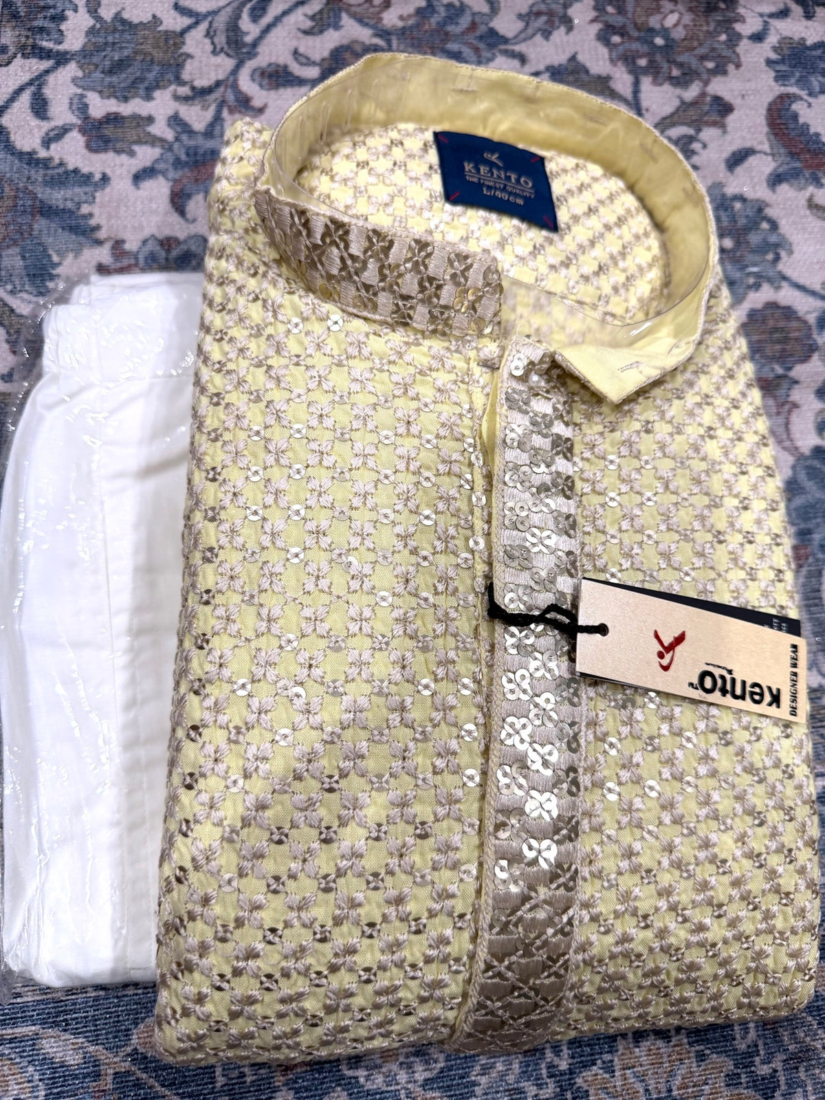 Kento Designer Kurta Set – Light Yellow with Thread & Sequin Embroidery, Size L