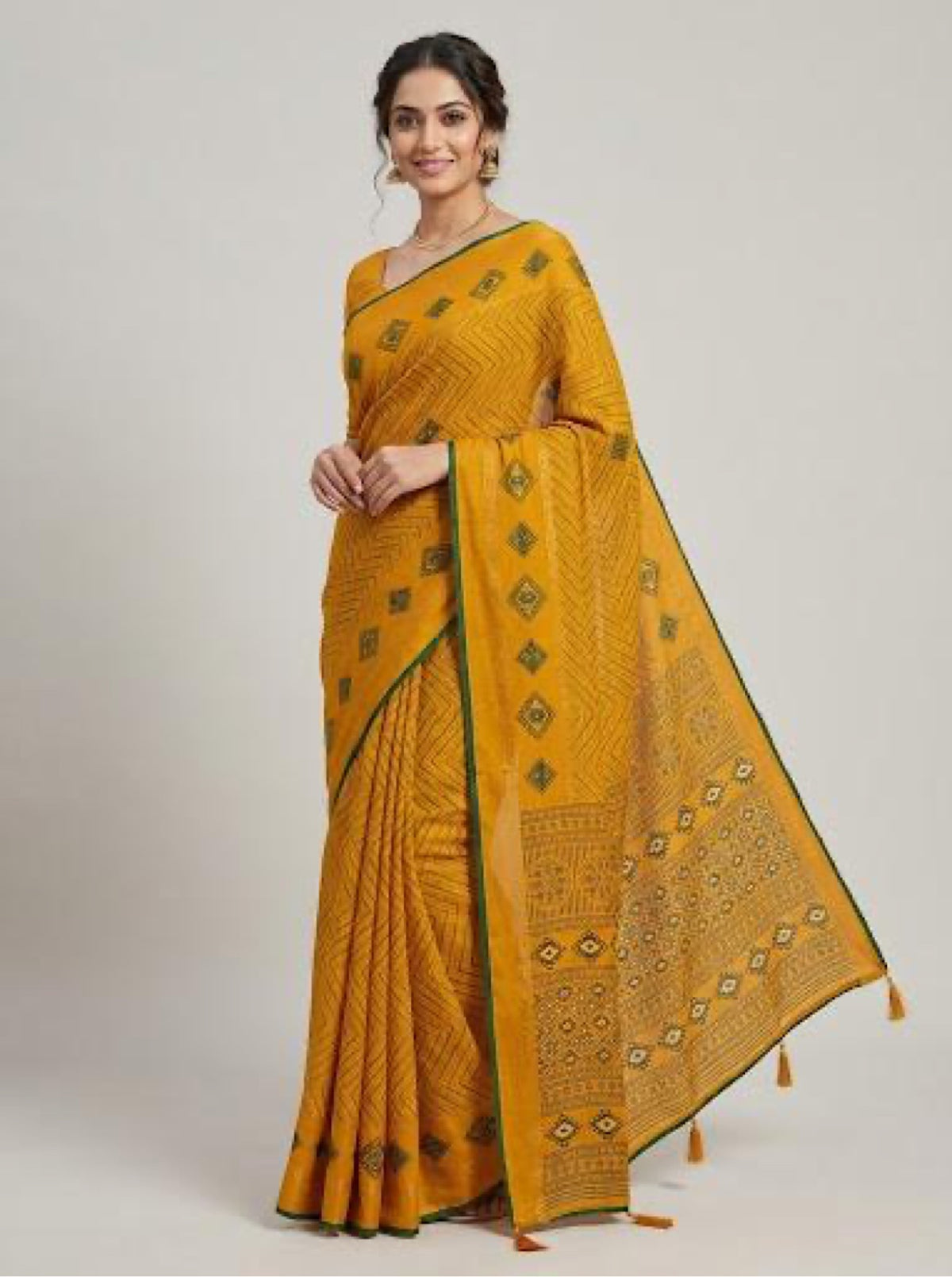 Mustard Printed Saree with Stitched Blouse