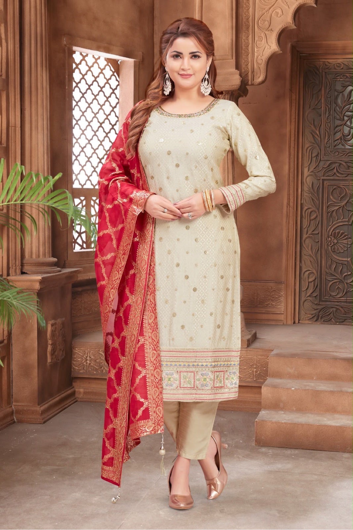Cream Embroidered Kurta Set with Red Dupatta