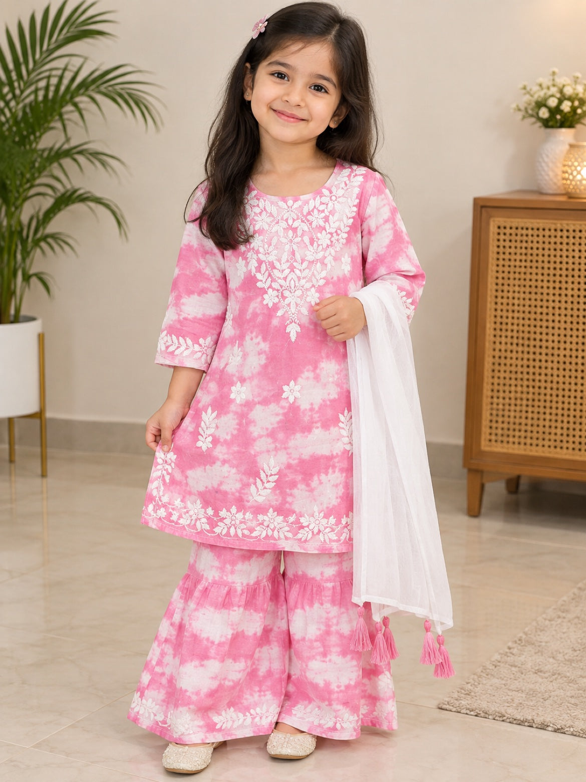 Pink Tie-Dye Kids Kurta Sharara Set