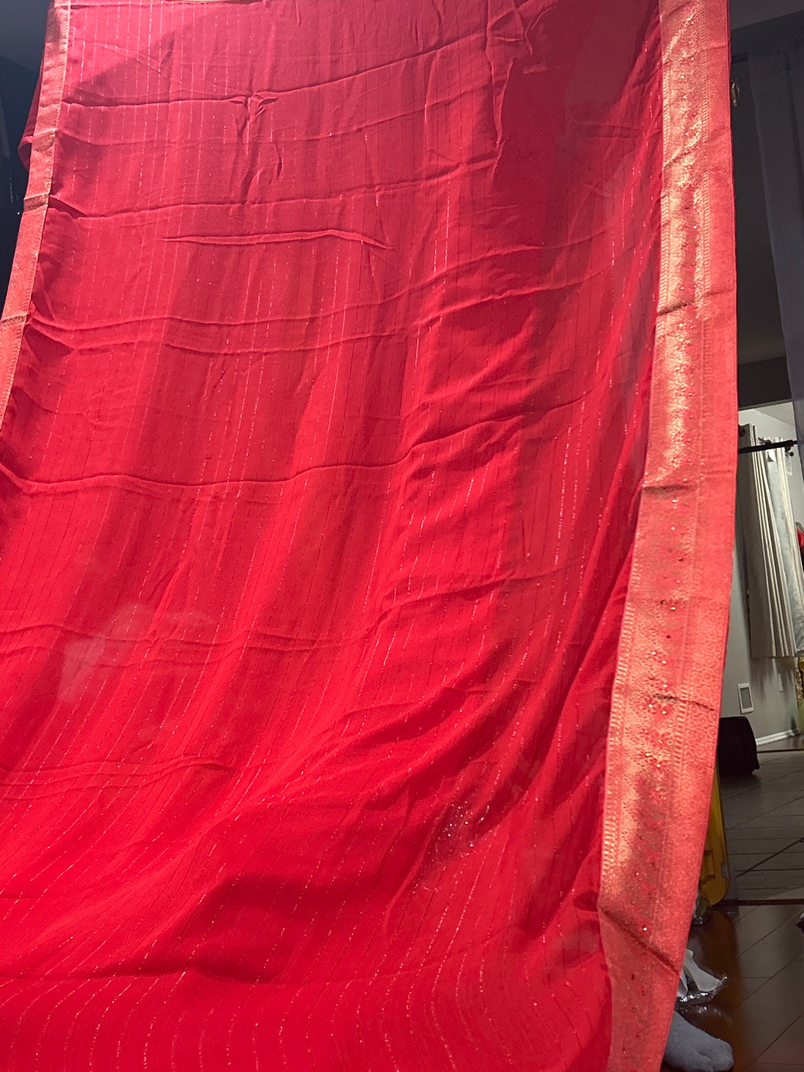 Coral Red Saree with Gold Zari Border and Stitched Blouse