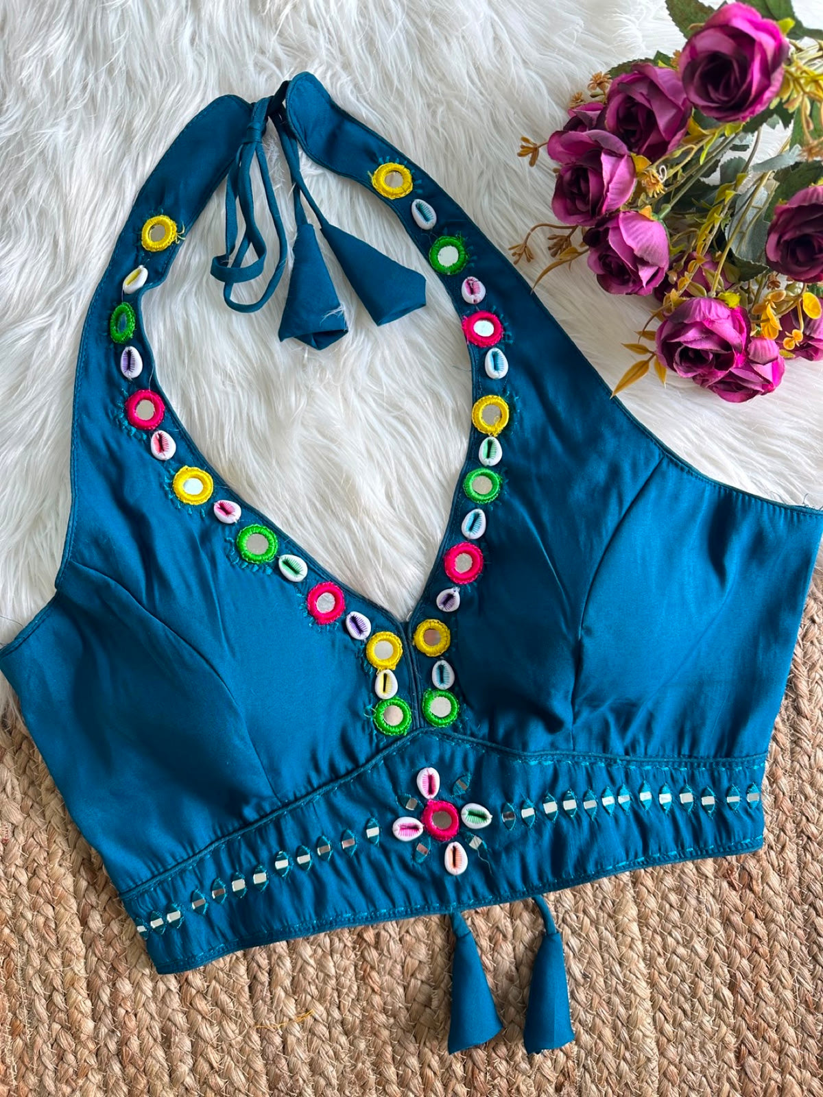Halter Neck Mirror & Cowrie Work Blouse