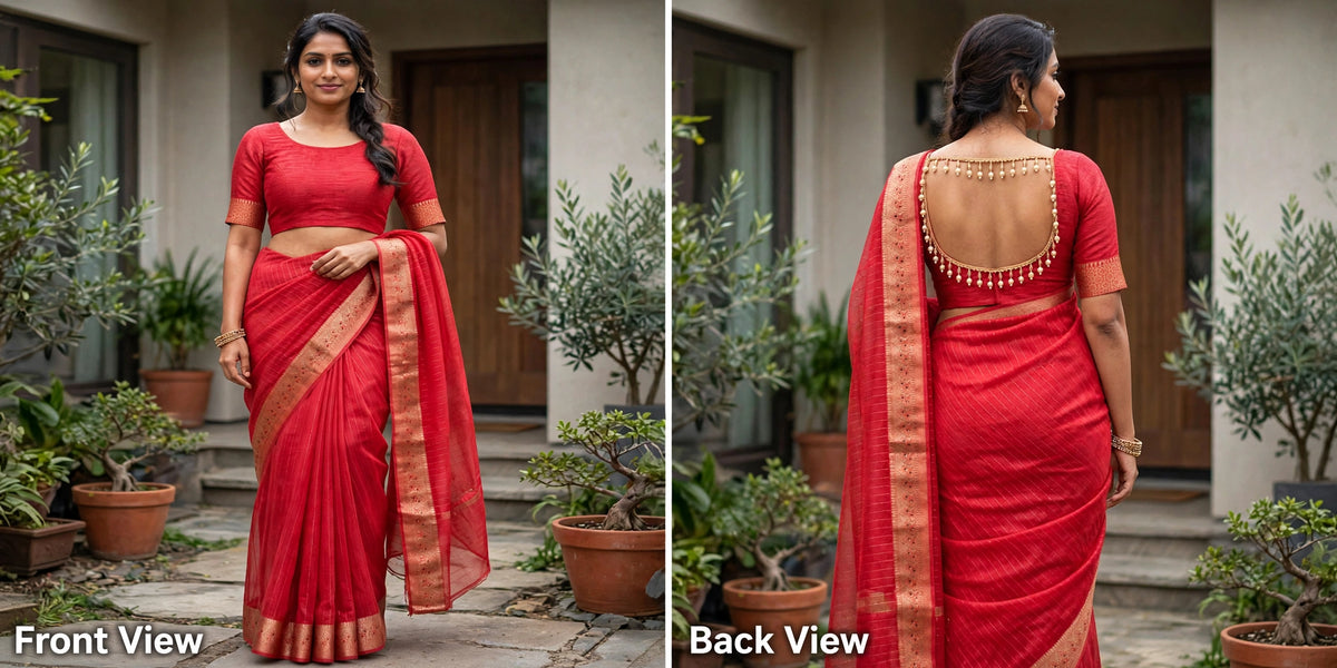 Coral Red Saree with Gold Zari Border and Stitched Blouse