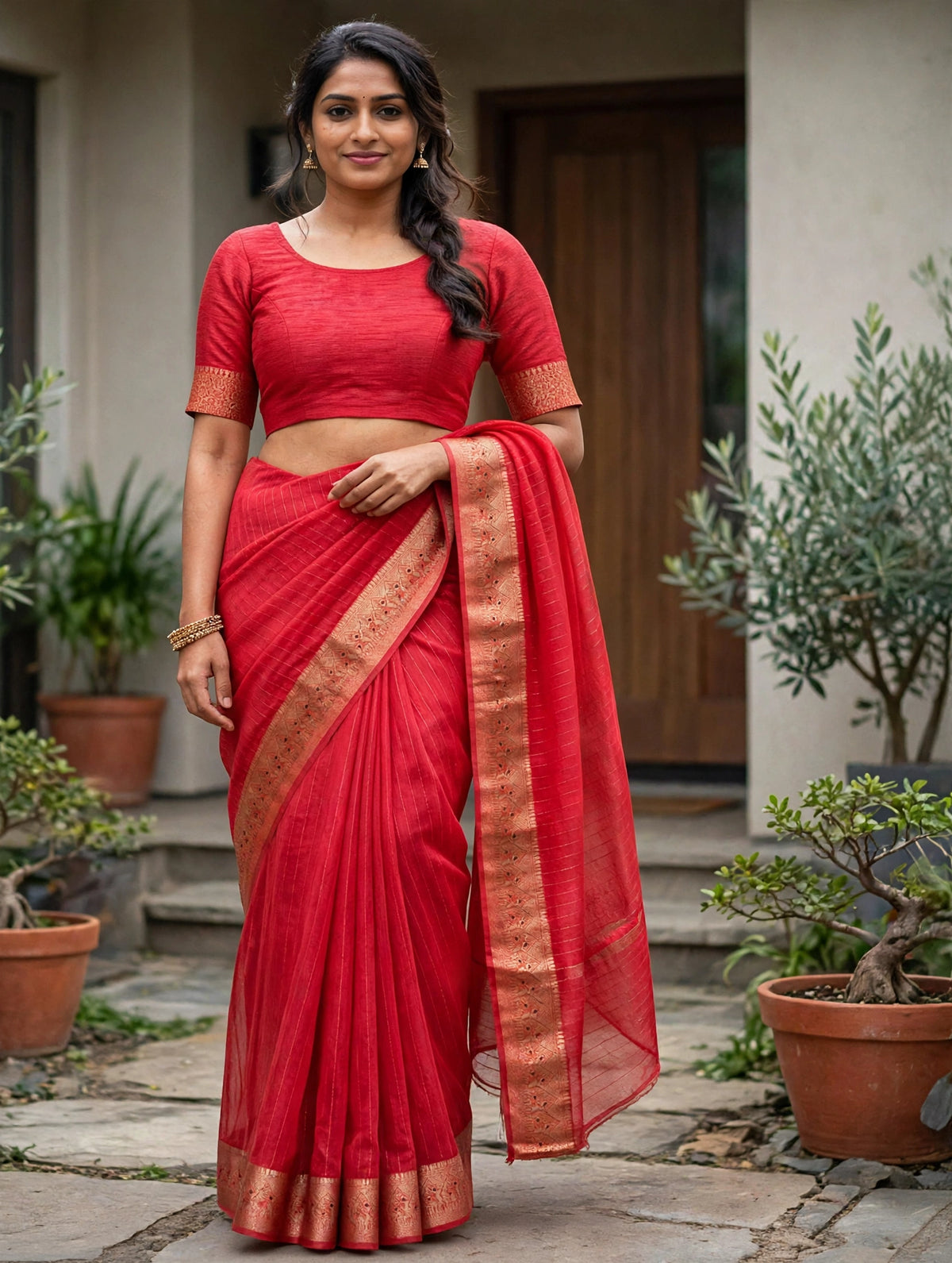 Coral Red Saree with Gold Zari Border and Stitched Blouse