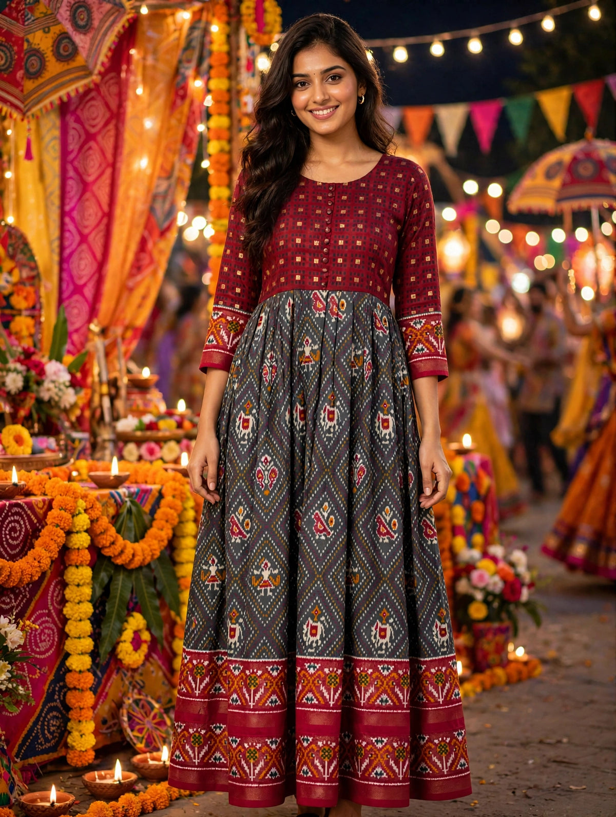 Maroon & Dark Green Printed Anarkali Gown
