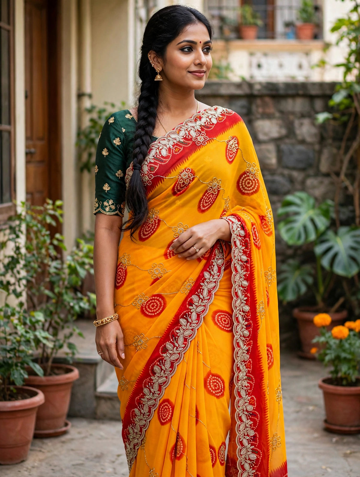 Yellow Bandhani Saree with Red Embroidered Border and Stitched Green Blouse