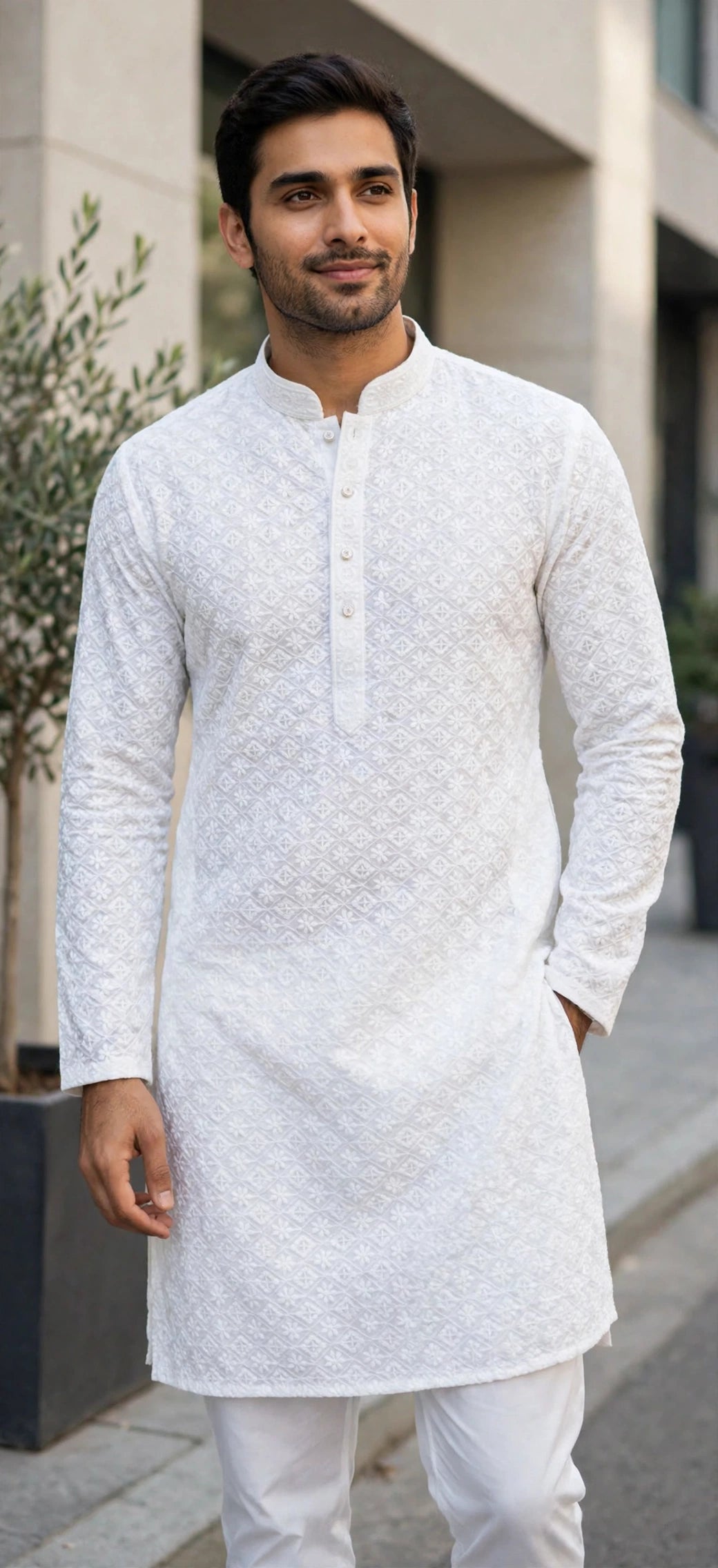 White Chikankari Kurta Set with White Pants