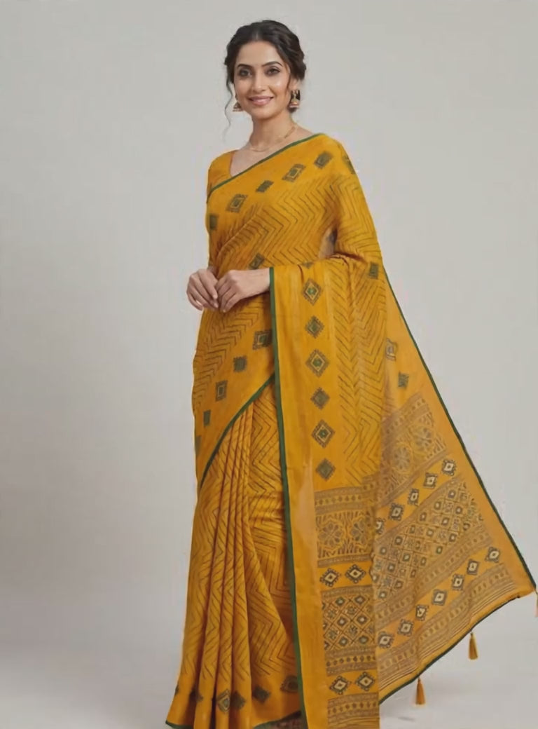 Mustard Printed Saree with Stitched Blouse